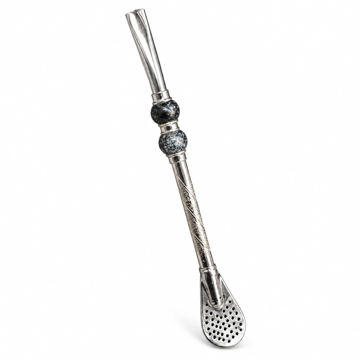 Decorative Metal Mate Bombilla – 1 Piece – Two grey beads